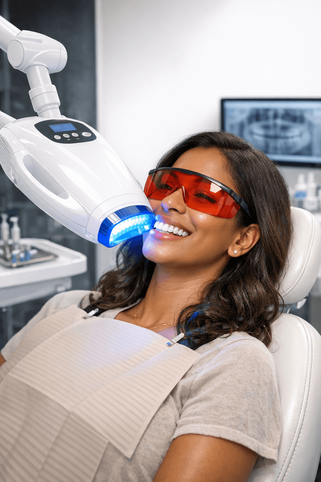 Brown-skinned client receiving teeth whitening treatment in a modern dental clinic.