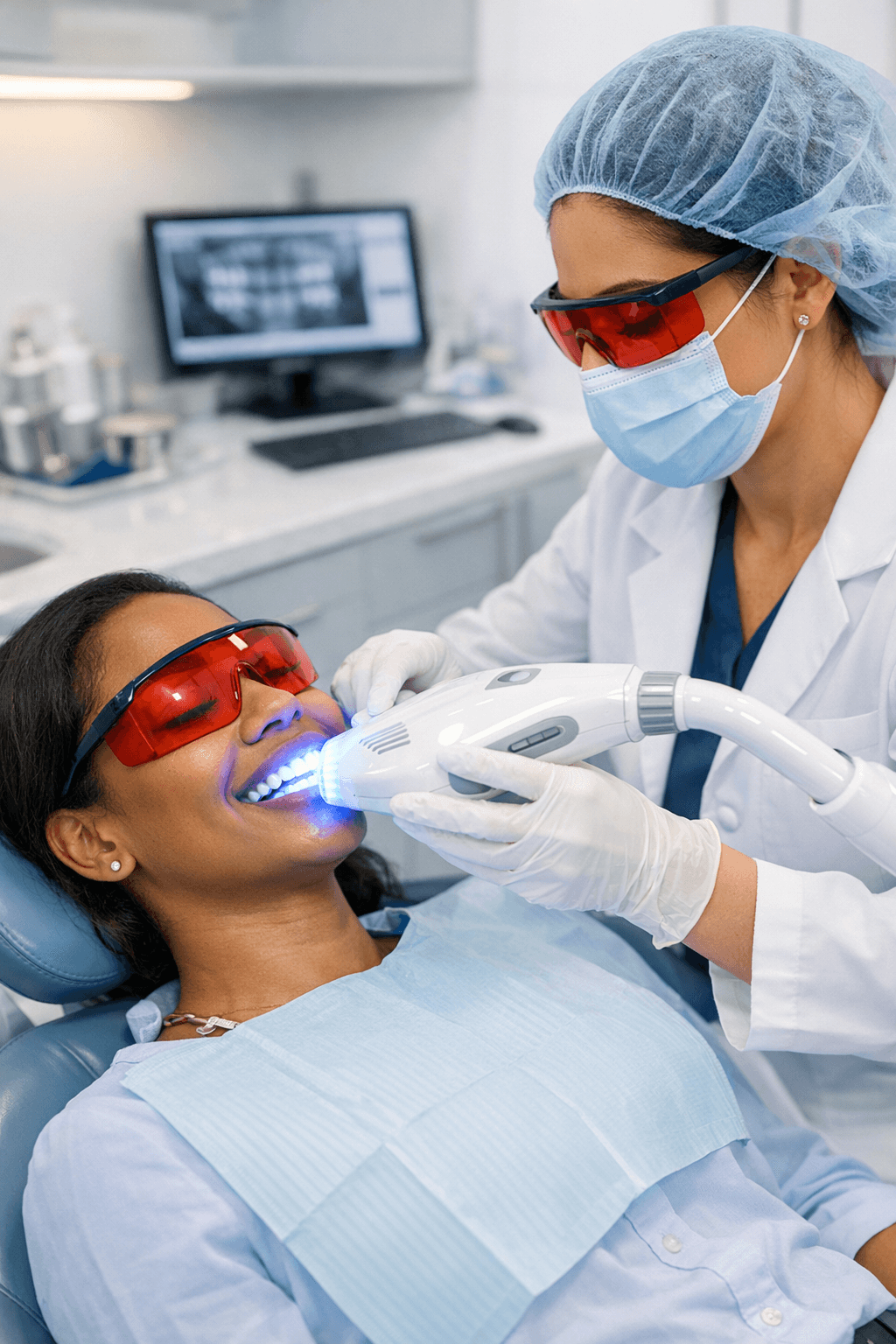 Brown person receiving teeth whitening in a modern clinic