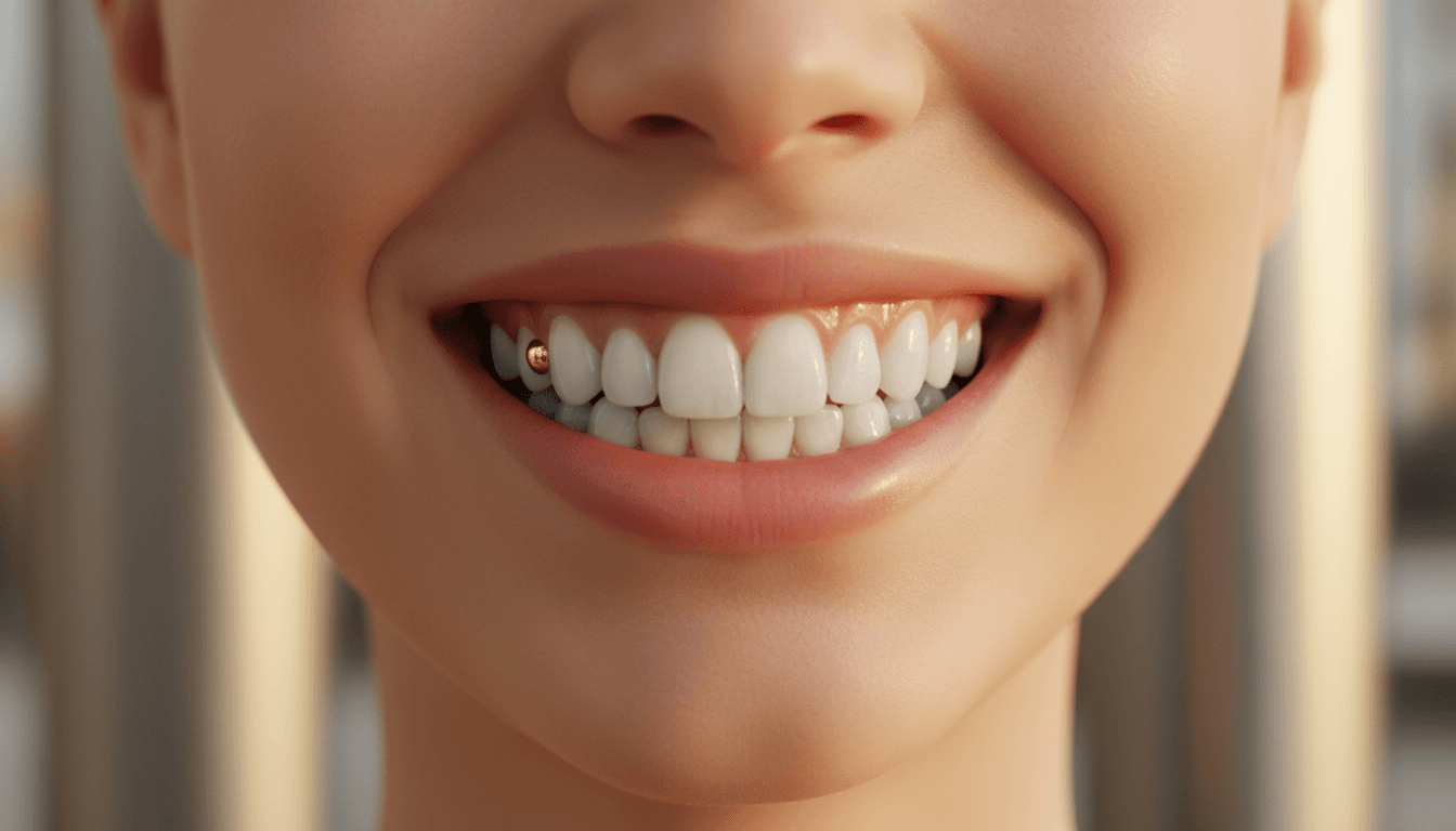 Close-up of a bright white smile featuring gold dental jewelry, modern luxury aesthetic