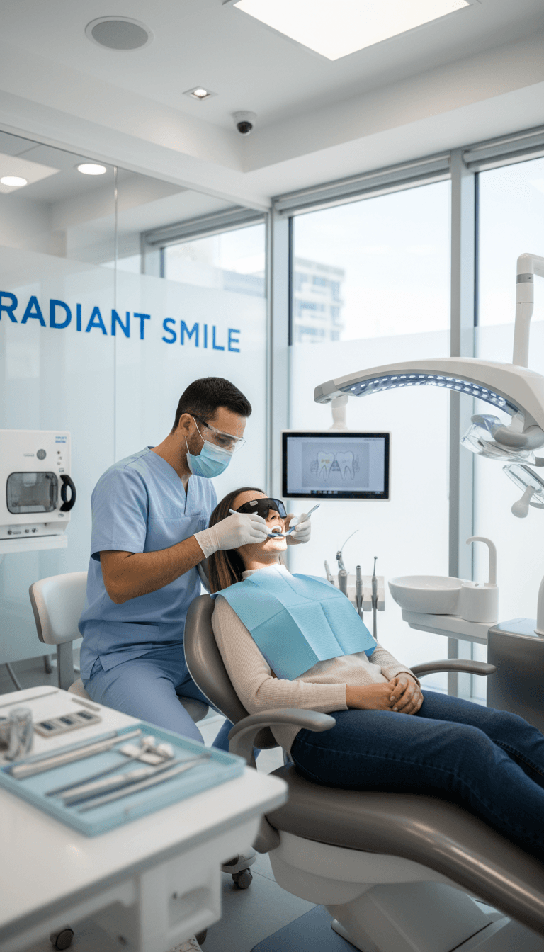 Professional cosmetic dental whitening treatment modern bright clinic with modern equipment