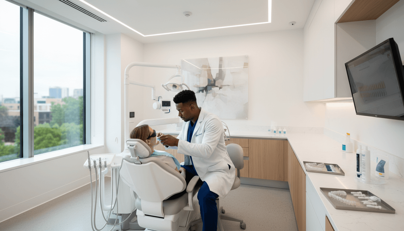 Professional dental whitening treatment in modern Brisbane clinic with clean aesthetic