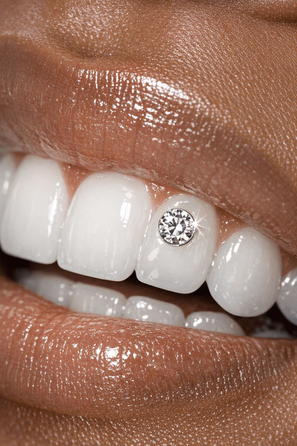 Sparkling diamond gem on a white tooth, framed by glossy lips and brown skin.